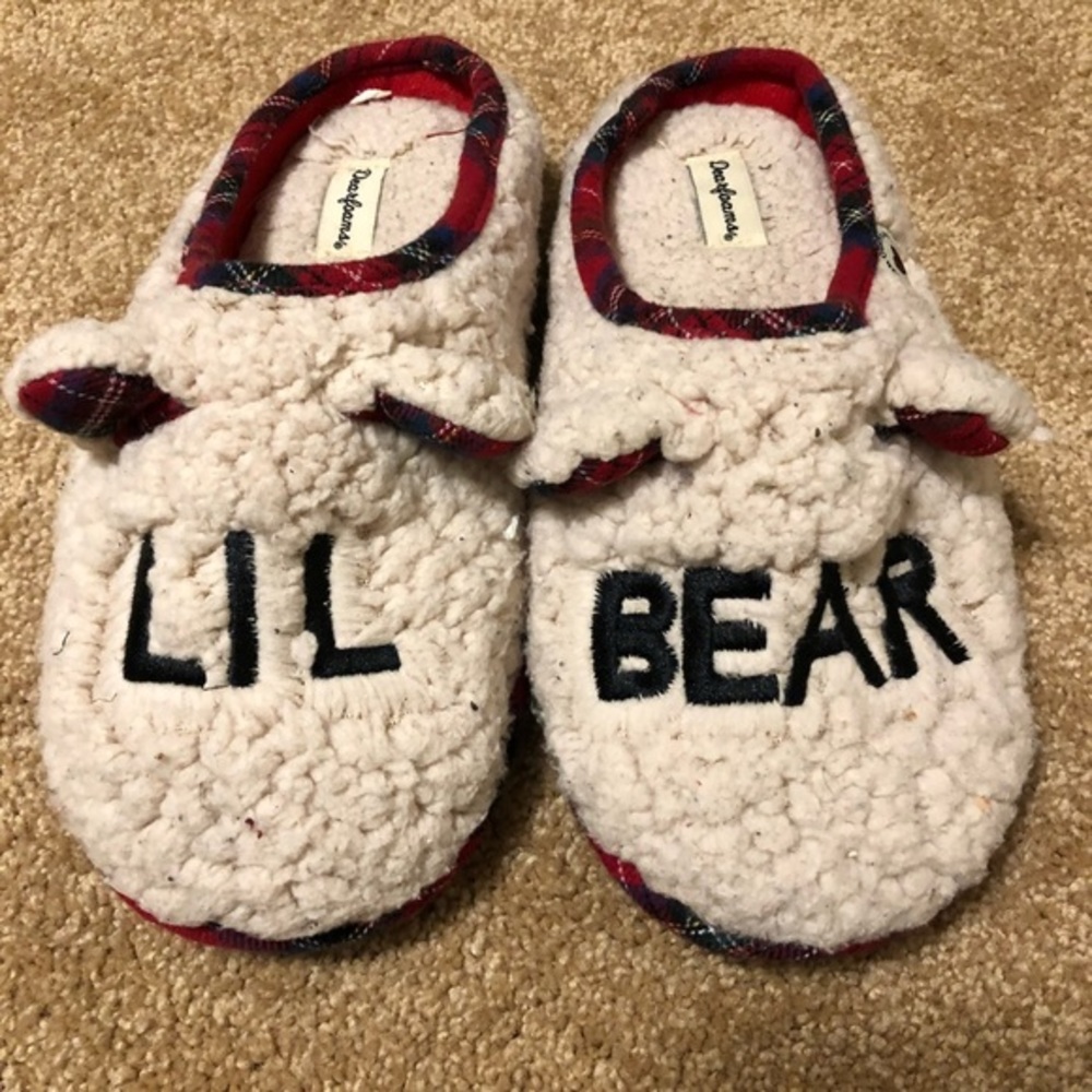 Dearfoams Lil Bear slip on fuzzy Christmas slippers kids size 2/3 Sherpa